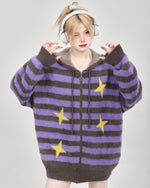 This star print aesthetic knit hoodie features an oversized fit, purple and brown stripes, and yellow star accents. The front zip closure includes a star detail for added style - boogzel clothing