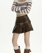 Vegan leather pleated mini skirt with an adjustable heart buckle belt - boogzel clothing