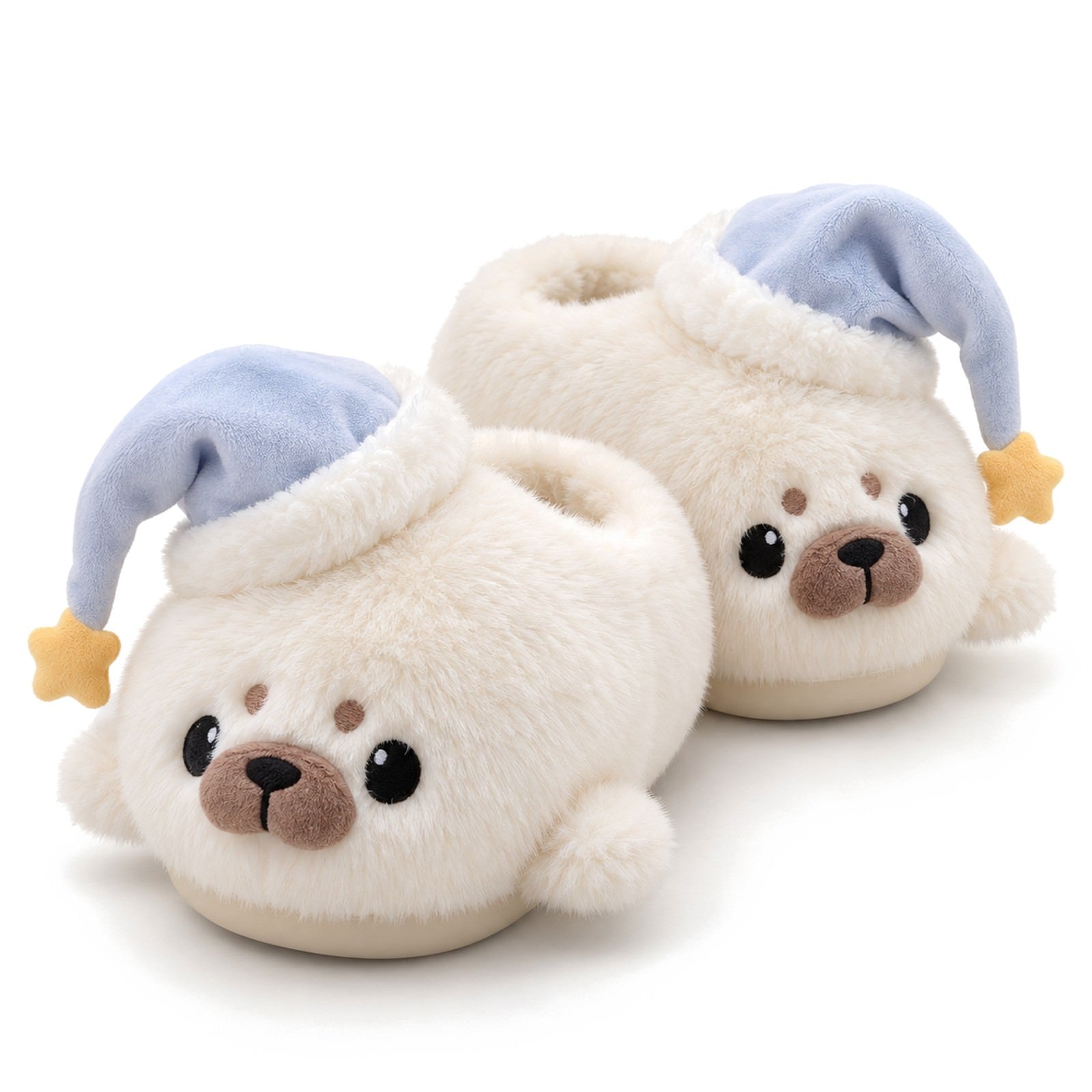 White Seal Slippers Cute Fluffy Seal House Slippers with Blue Nightcap Kawaii Plush Slippers Gift for Girl boogzel clothing