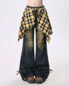 Wide-leg flared jeans with a distressed finish, featuring a yellow plaid shirt-tie detail around the waist - boogzel clothing