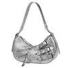 ule Breakers Y2K Shoulder Bag features a sleek silver design with multiple buckle straps and zippers 