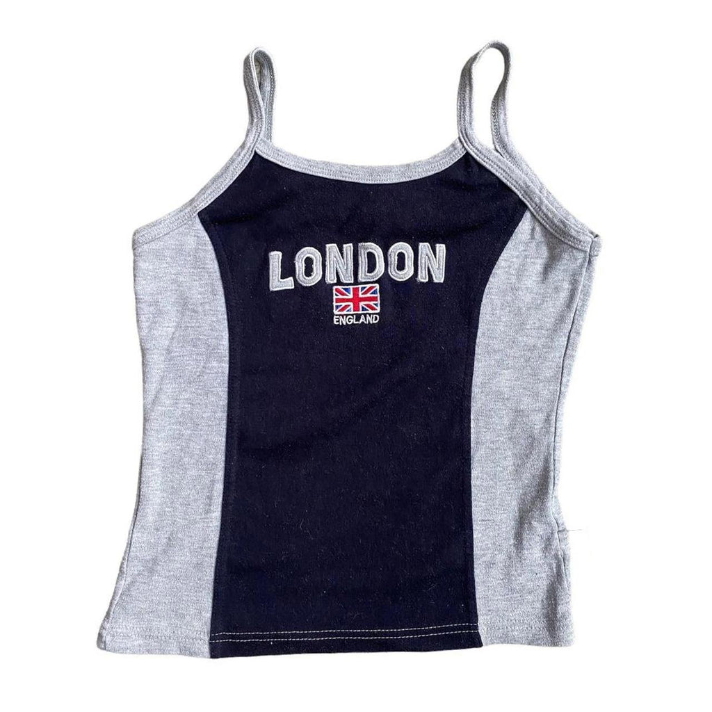 A Y2K-inspired two-tone tank top with navy and grey panels, featuring a "London England" graphic and Union Jack flag, perfect for nostalgic streetwear vibes - Boogzel Clothing