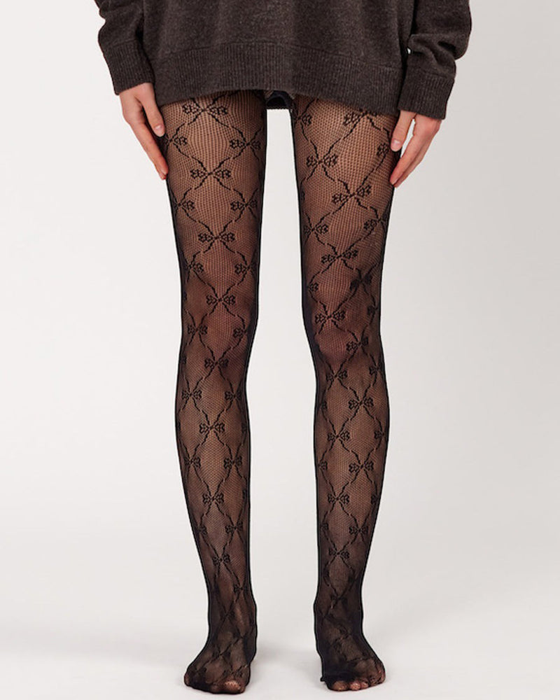 Bow Pattern Fishnet Tights in black - boogzel clothing