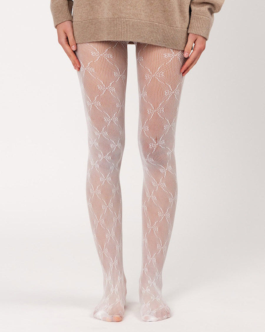 Bow Pattern Fishnet Tights in white - boogzel clothing