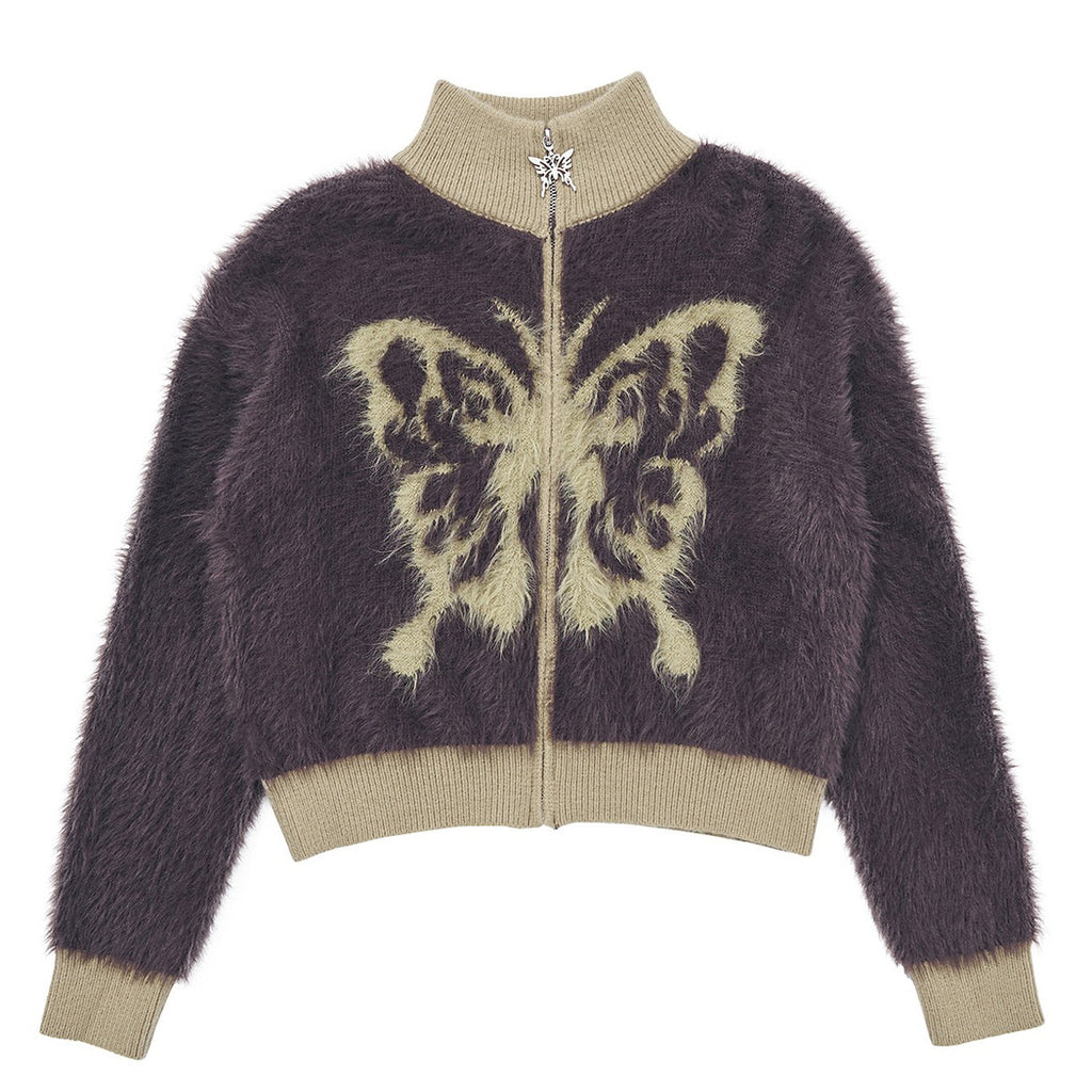 Aesthetic fuzzy bomber jacket with a butterfly print - boogzel clothing