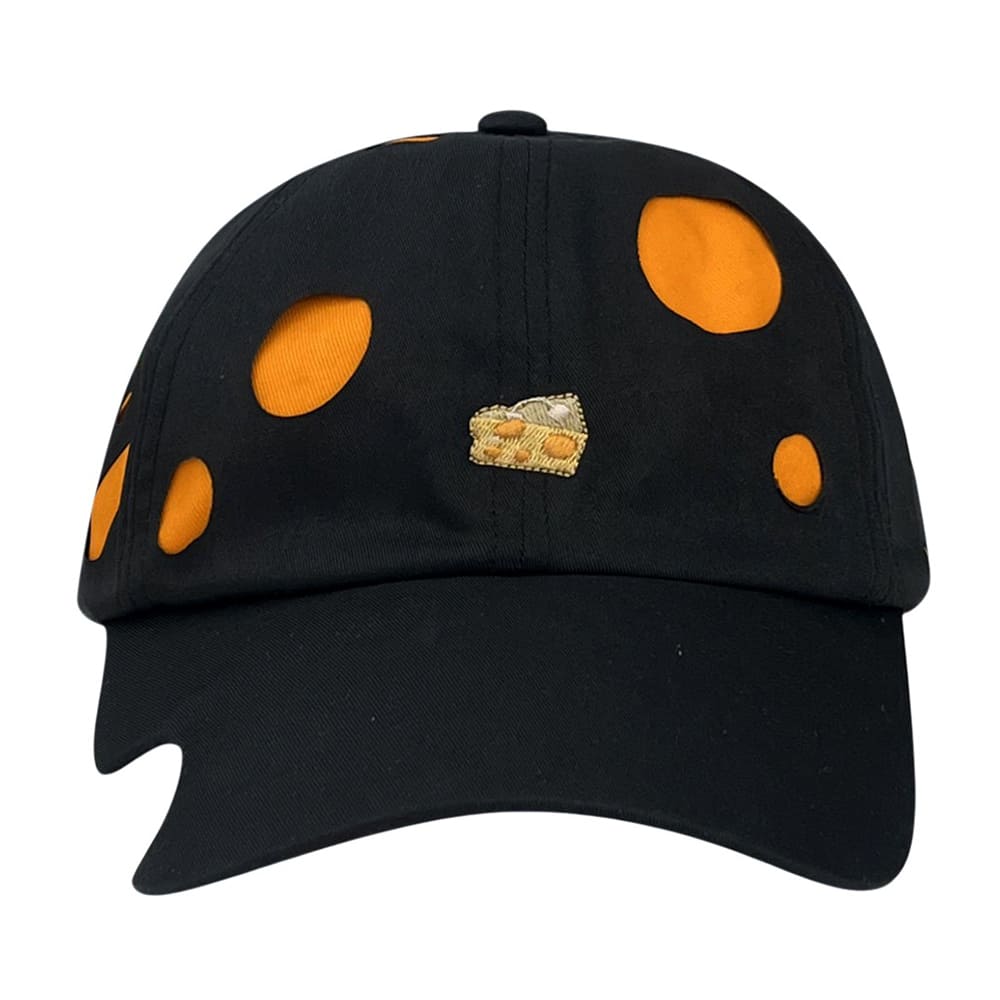 A pale yellow baseball cap designed to look like a cheese wedge
