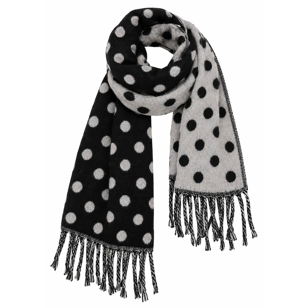 A black and light gray wool scarf with white polka dots and fringed ends