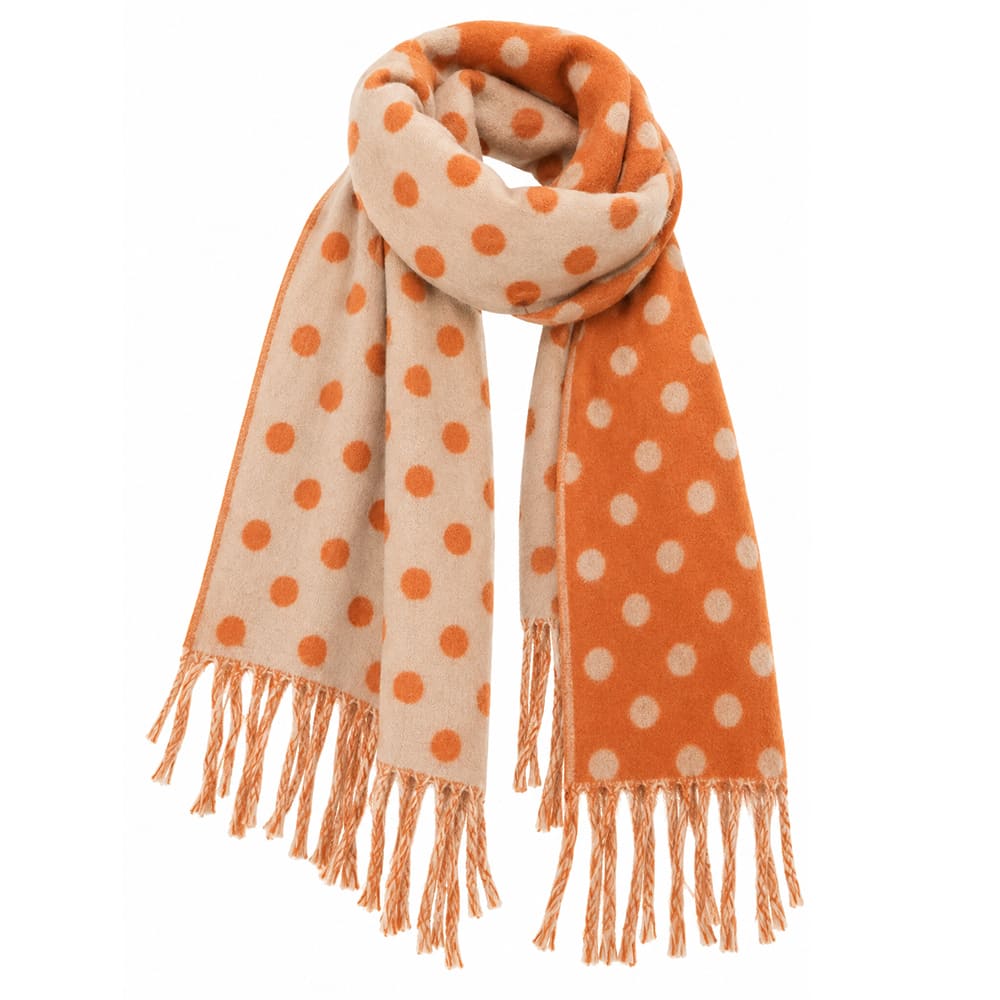 A black and light gray wool scarf with white polka dots and fringed ends
