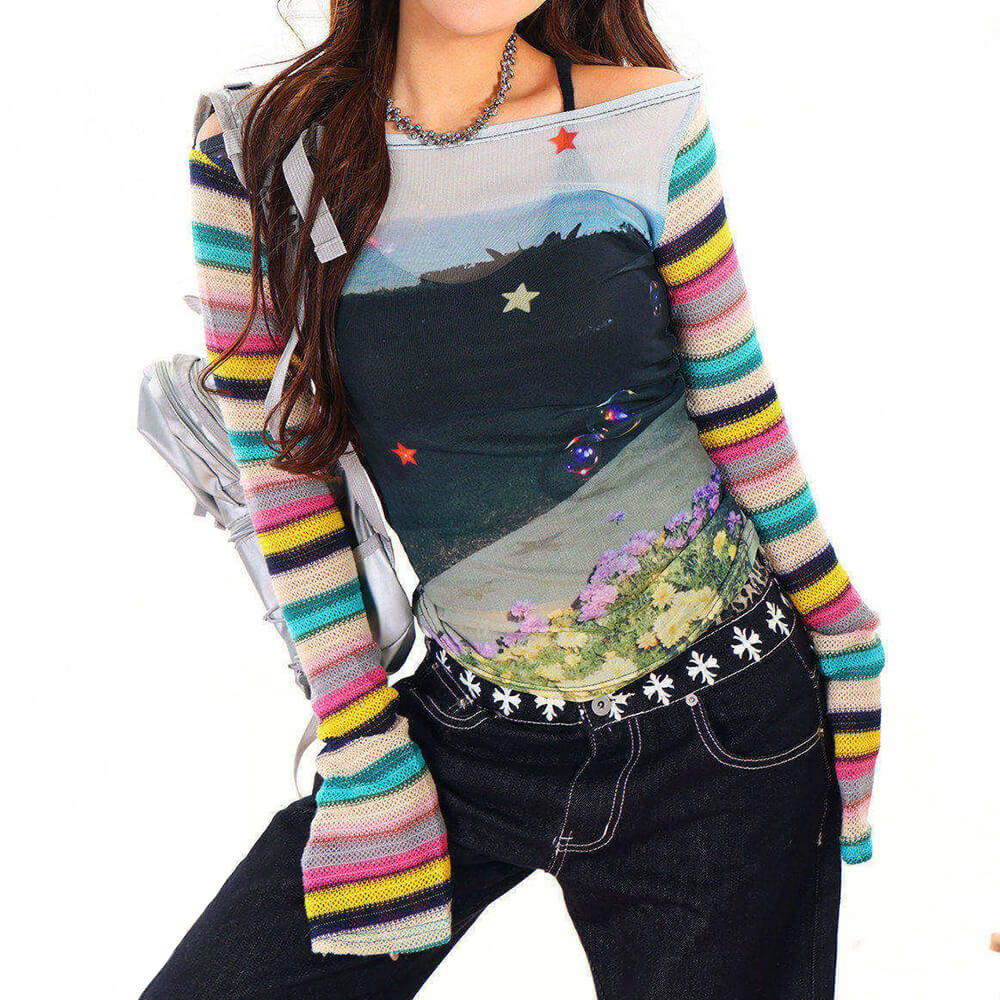 aesthetic stripe sleeve mesh top boogzel clothing