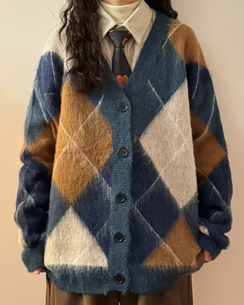 argyle pattern loose cardigan boogzel clothing