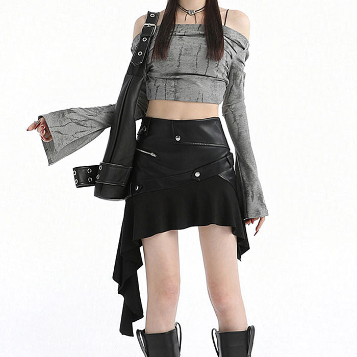 black asymmetric leather mini skirt boogzel clothing