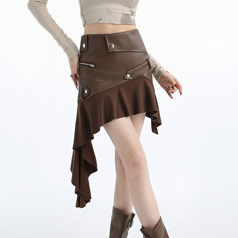 brown asymmetric leather mini skirt boogzel clothing