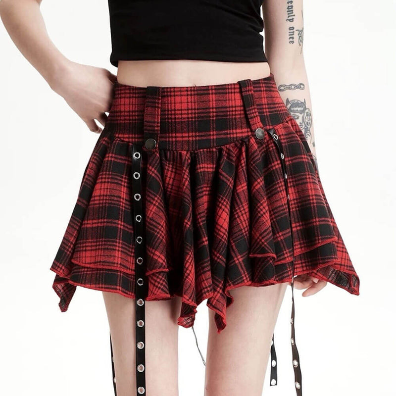 red asymmetric plaid skirt boogzel clothing