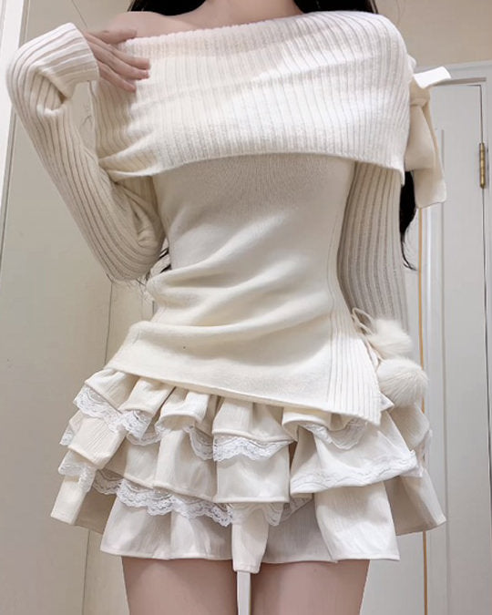 Balletcore Of Shoulder Sweater with bow - boogzel clothing