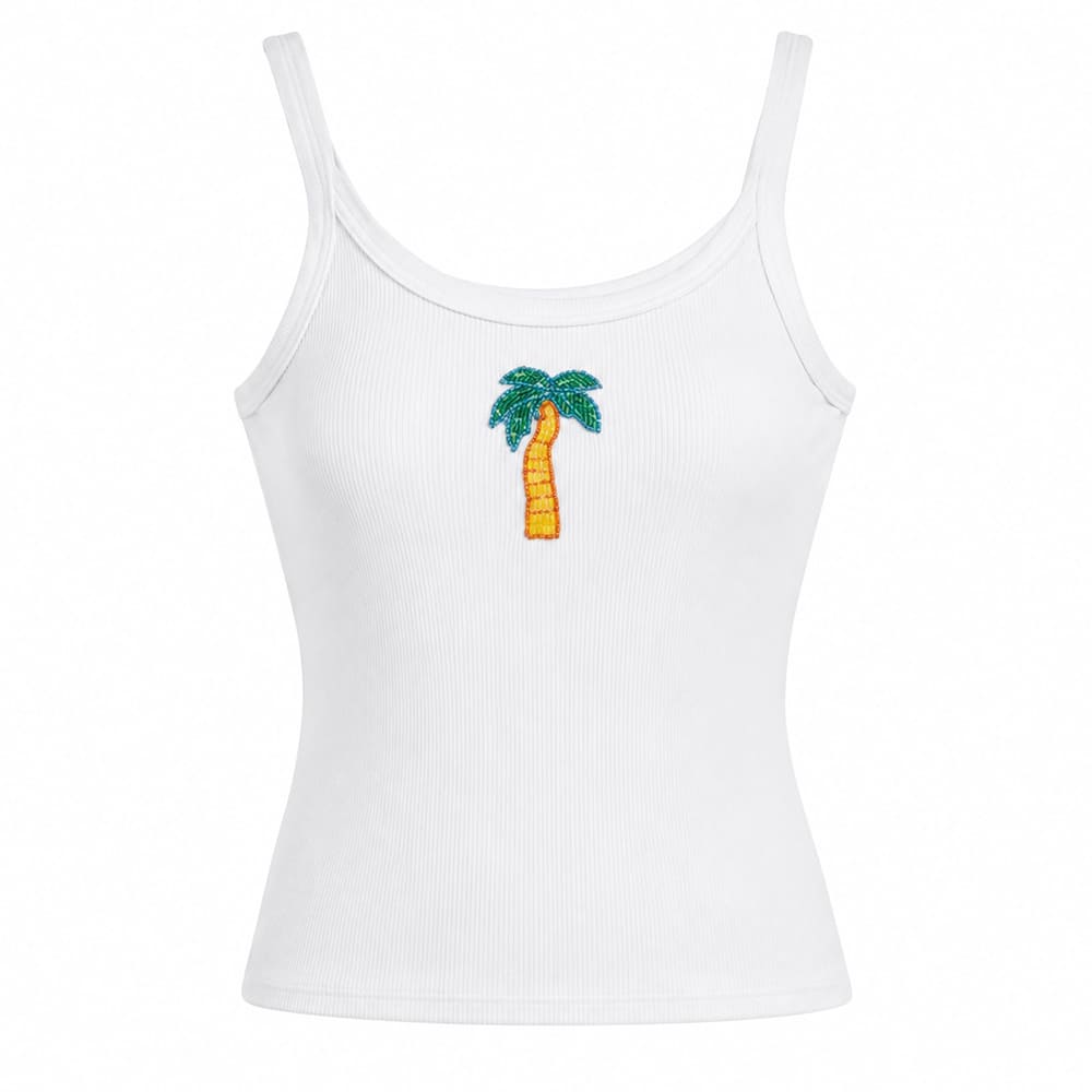 beaded-palm-tree-ribbed-tank-top-white-cotton-sleeveless-summer-top-green-palm-tree-beaded-patch-rib-knit-fitted-cami-aesthetic-womens-top-boogzel-clothing