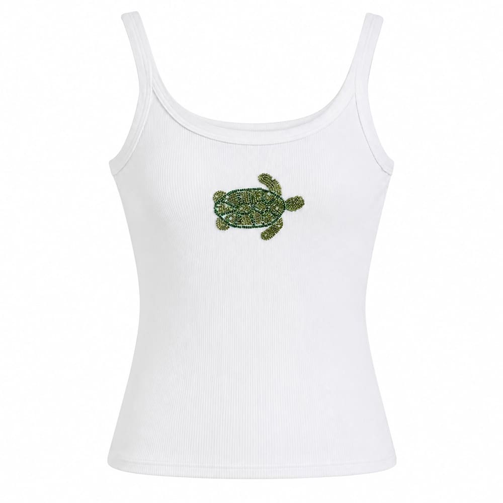 beaded-turtle-ribbed-tank-top-white-sleeveless-fitted-cami-green-sea-turtle-beaded-embellishment-rib-knit-summer-top-ocean-aesthetic-boogzel-clothing