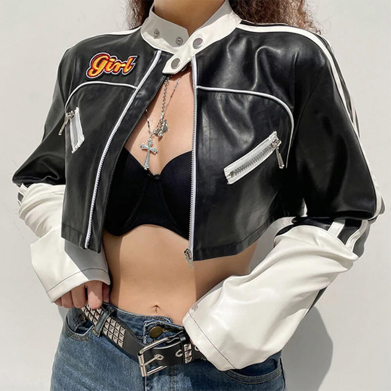 biker girl leather cropped jacket boogzel clothing