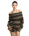 brown off shoulder striped knit top boogzel clothing