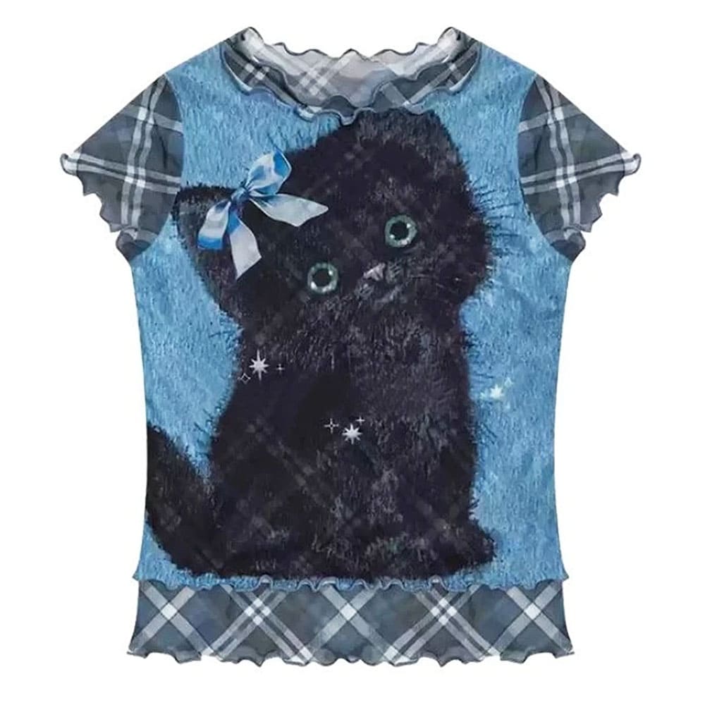 black kitten print y2k plaid top boogzel clothing