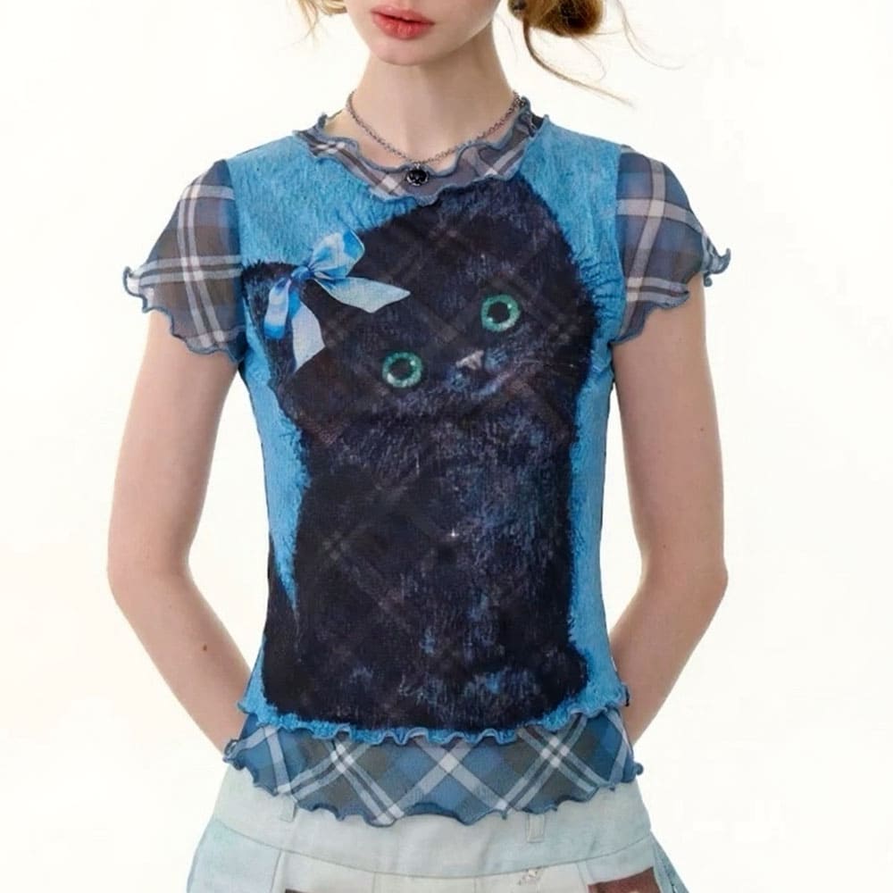 black kitten print y2k plaid top boogzel clothing