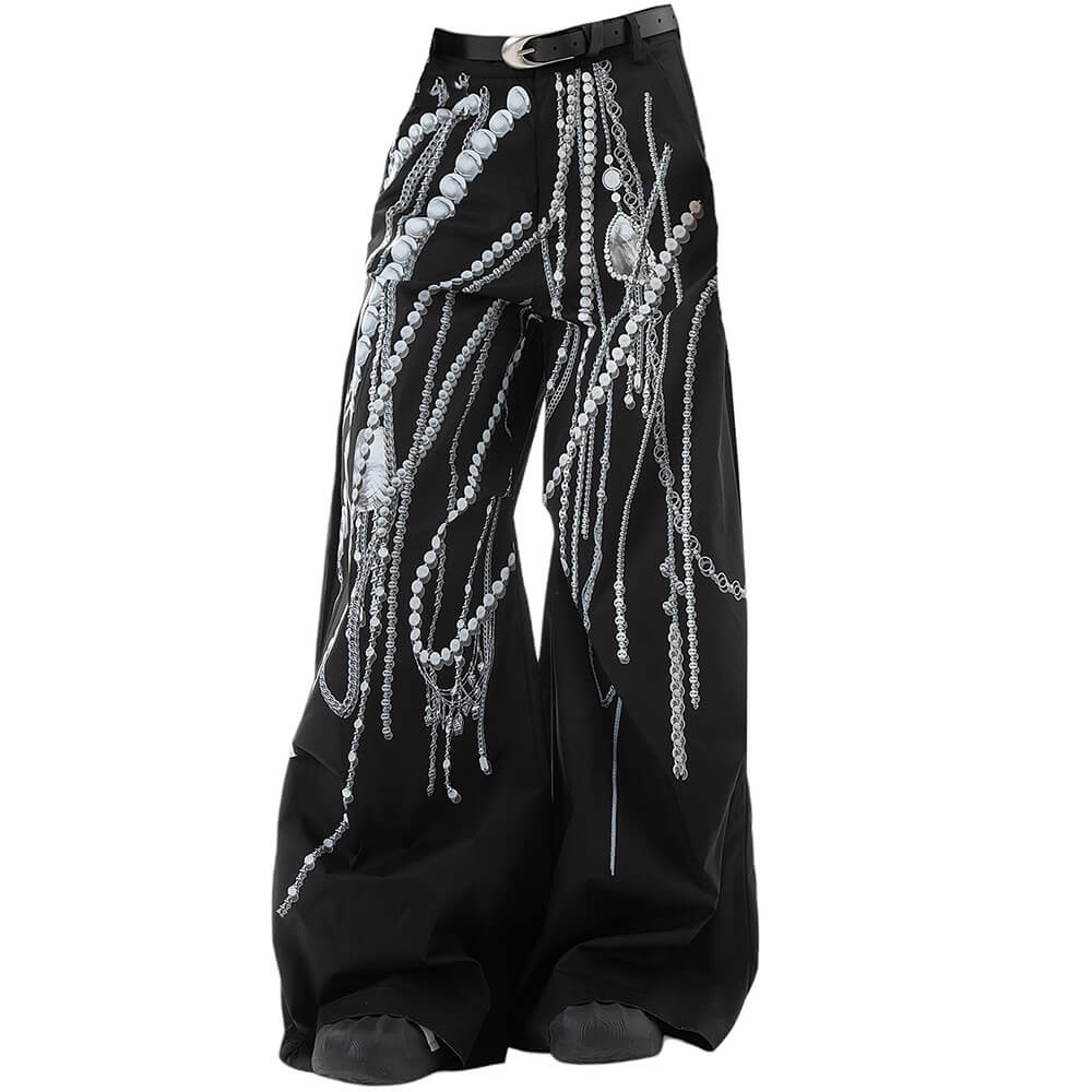 black wde leg pants with pearl chain print boogzel clothing