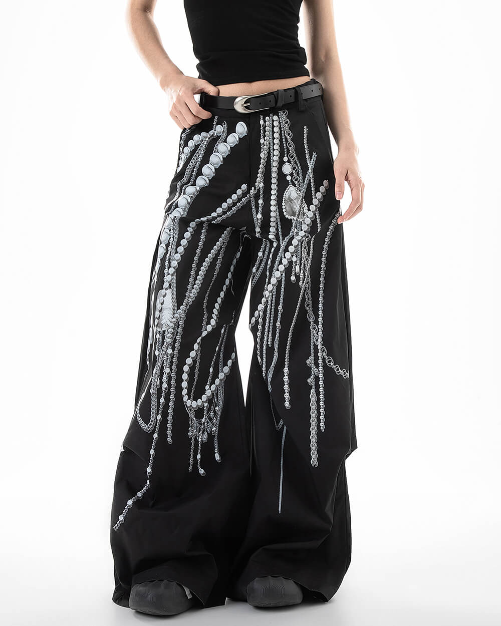 black wde leg pants with pearl chain print boogzel clothing