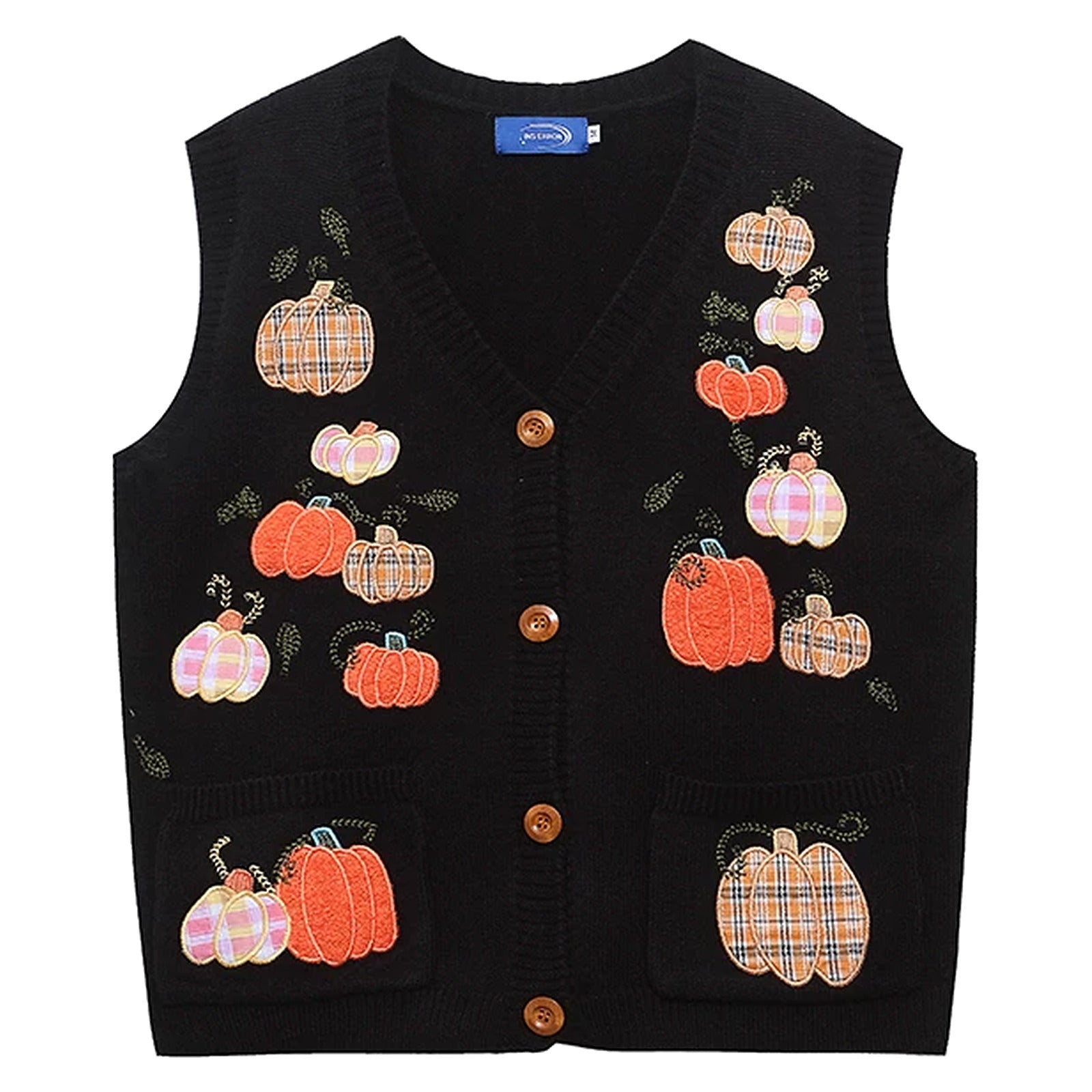 black_pumpkin_applique_cardigan_vest_fall_sweater_vest_flat_lay