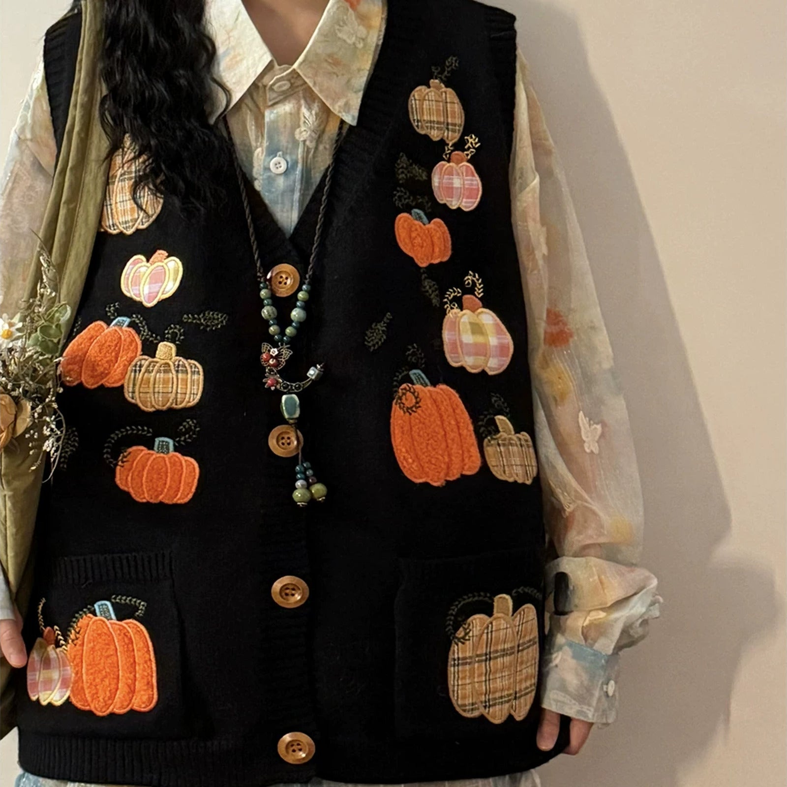 black_pumpkin_sweater_vest_button_up_cardigan_vest_with_pockets