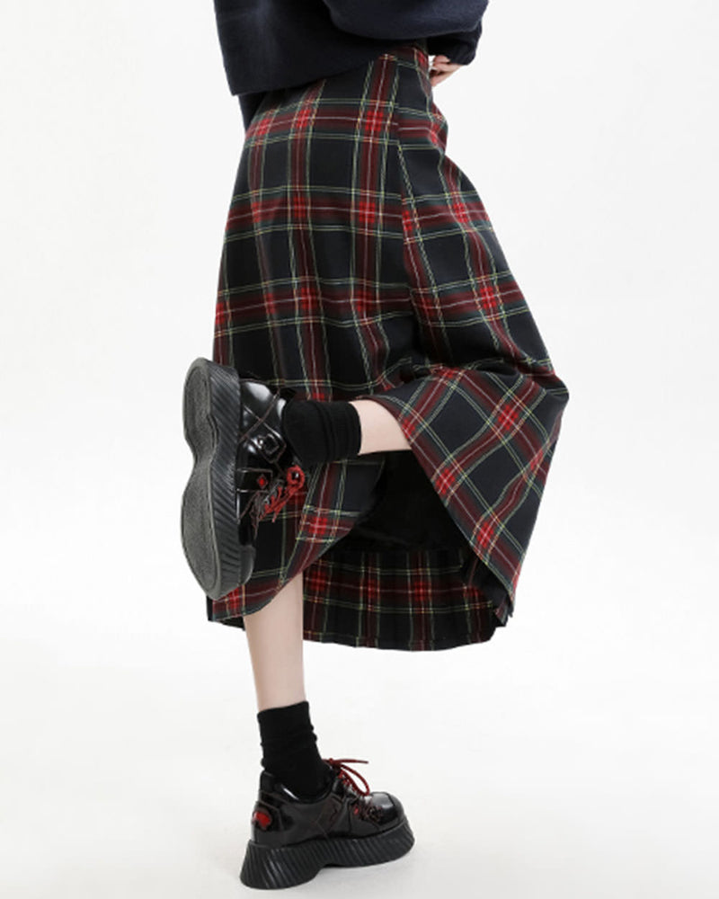 black and red plaid midi skirt boogzel clothing