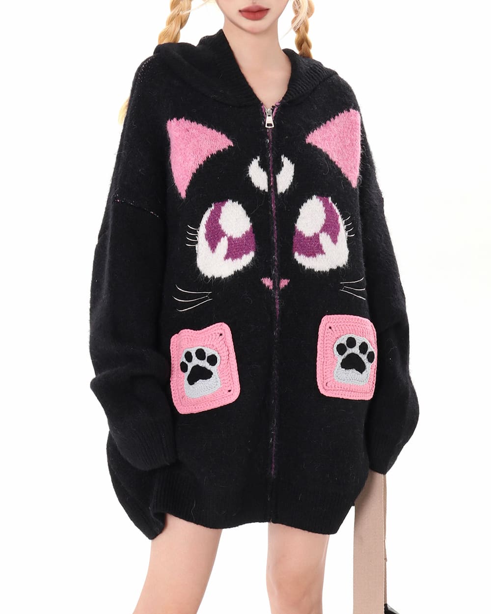 black cat knit zip up hoodie boogzel clothing