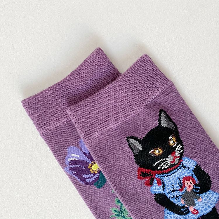 Purple Flower & Cat Aesthetic Socks