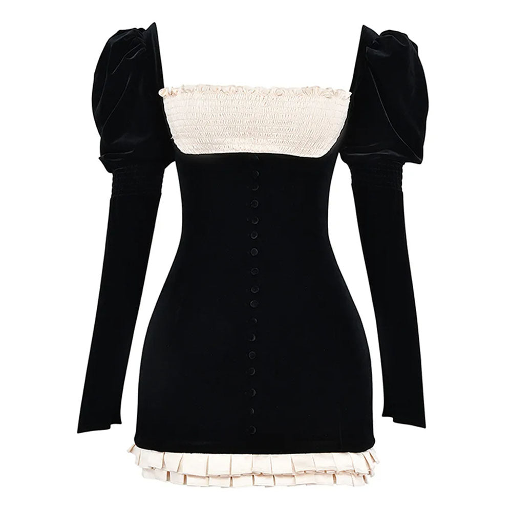 French Maid Ruched Velvet Mini Dress, L / Black French Maid Ruched Velvet Mini Dress, L / Black