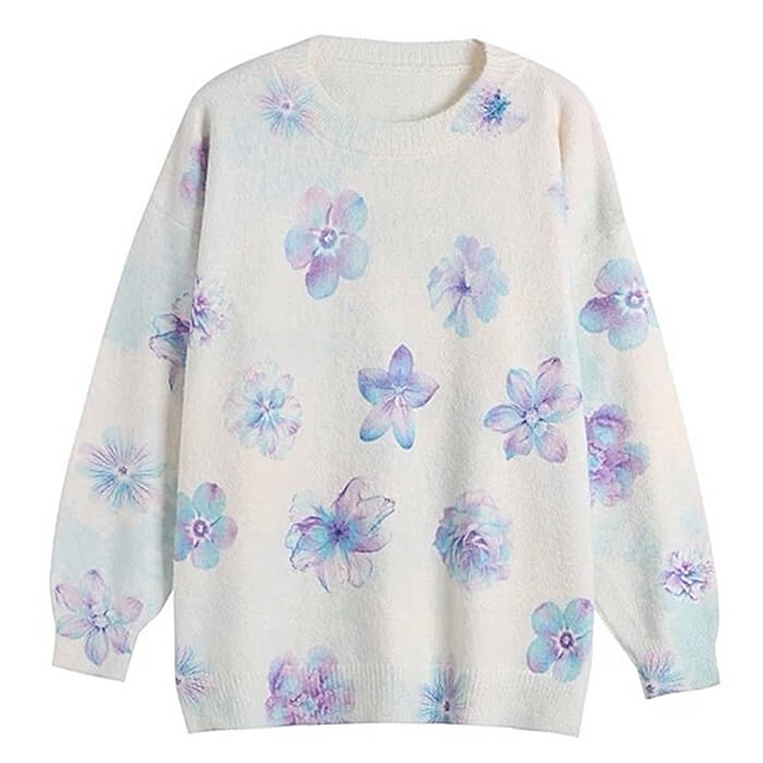 blue floral print knit pullover boogzel clothing