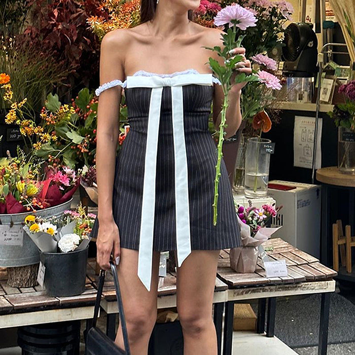 Bow Lace Striped Mini Dress | BOOGZEL CLOTHING Boogzel Clothing Bow Lace Striped Mini Dress | BOOGZEL CLOTHING Boogzel Clothing