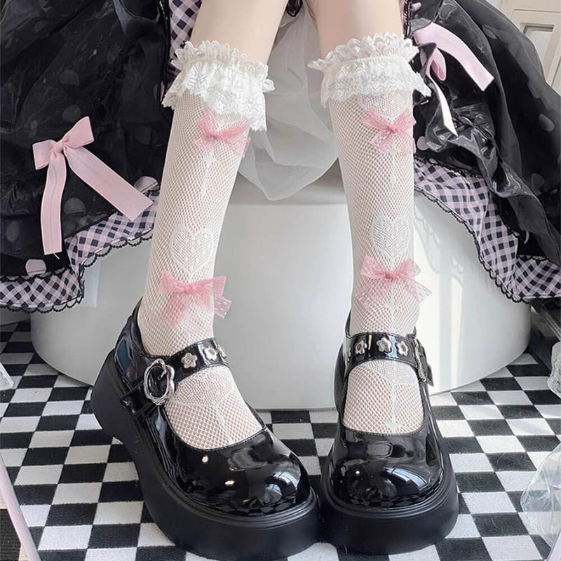 bows fishnet knee socks boogzel clothing