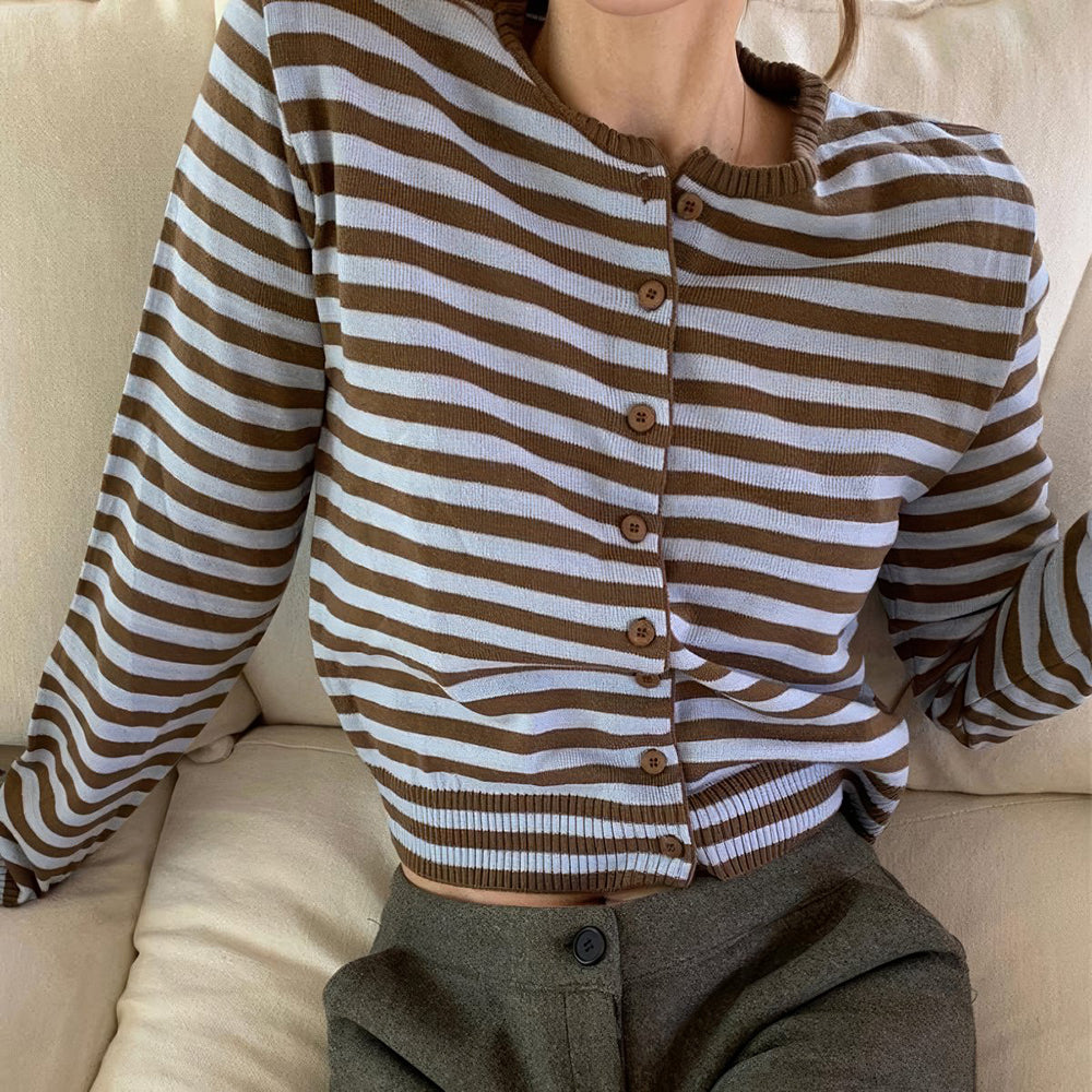 brown and blue striped button up cardigan boogzel clothing