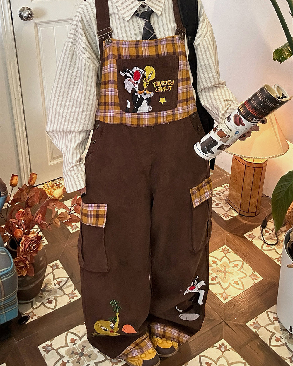 brown corduroy 90s cartoon dungarees boogzel clothing