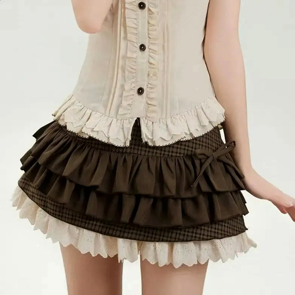 brown plaid ruffle mini skirt boogzel clothing
