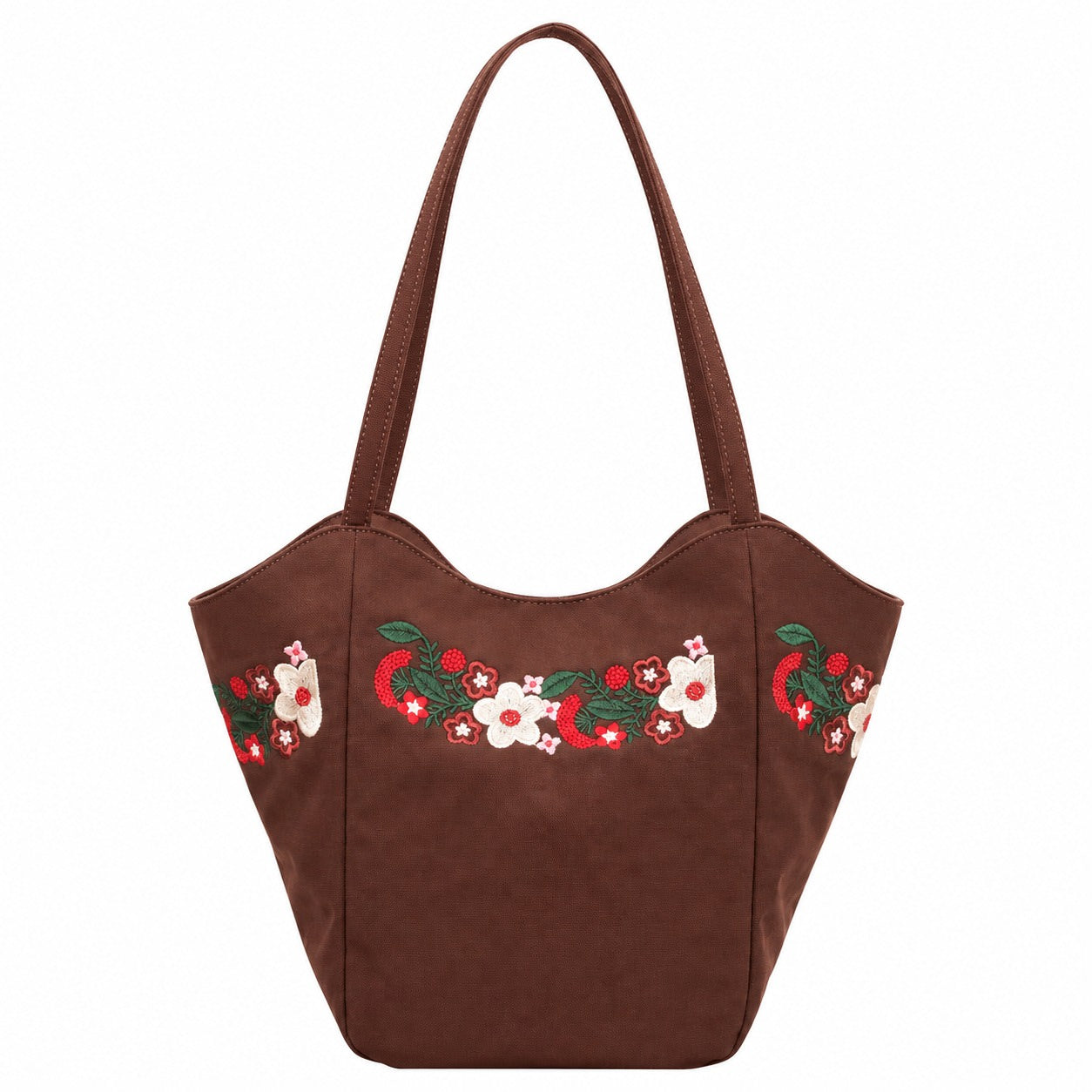 Brown strawberry embroidered tote bag, cottagecore canvas shoulder bag on white background
