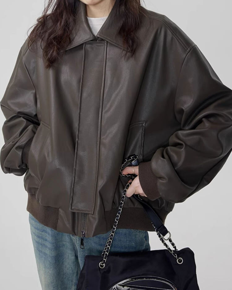 grunge aesthetic brown leather bomber jacket boogzel clothing