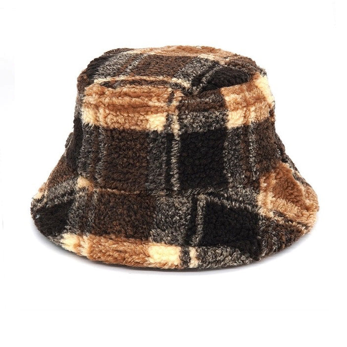 brown plaid fuzzy bucket hat boogzel clothing
