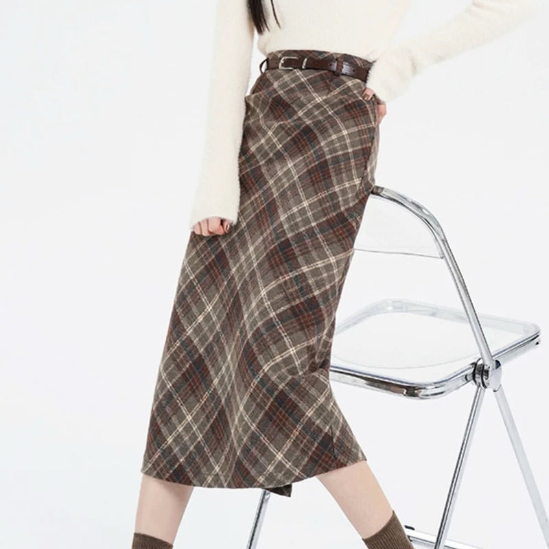 brown plaid midi skirt boogzel clothing