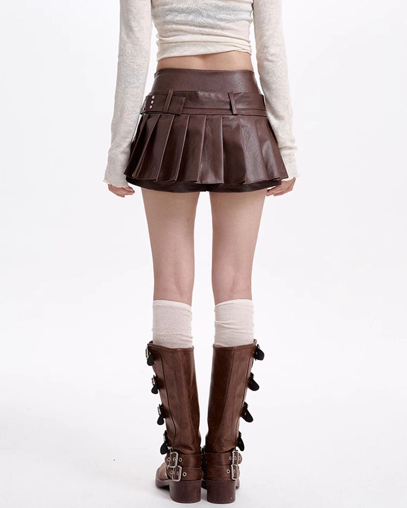 brown pleated leather mini skirt boogzel clothing