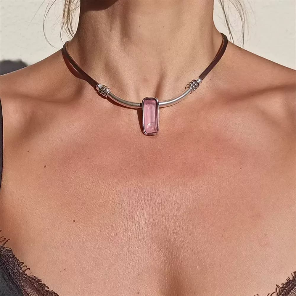 bubblegum pink rectangle pendant choker boogzel clothing