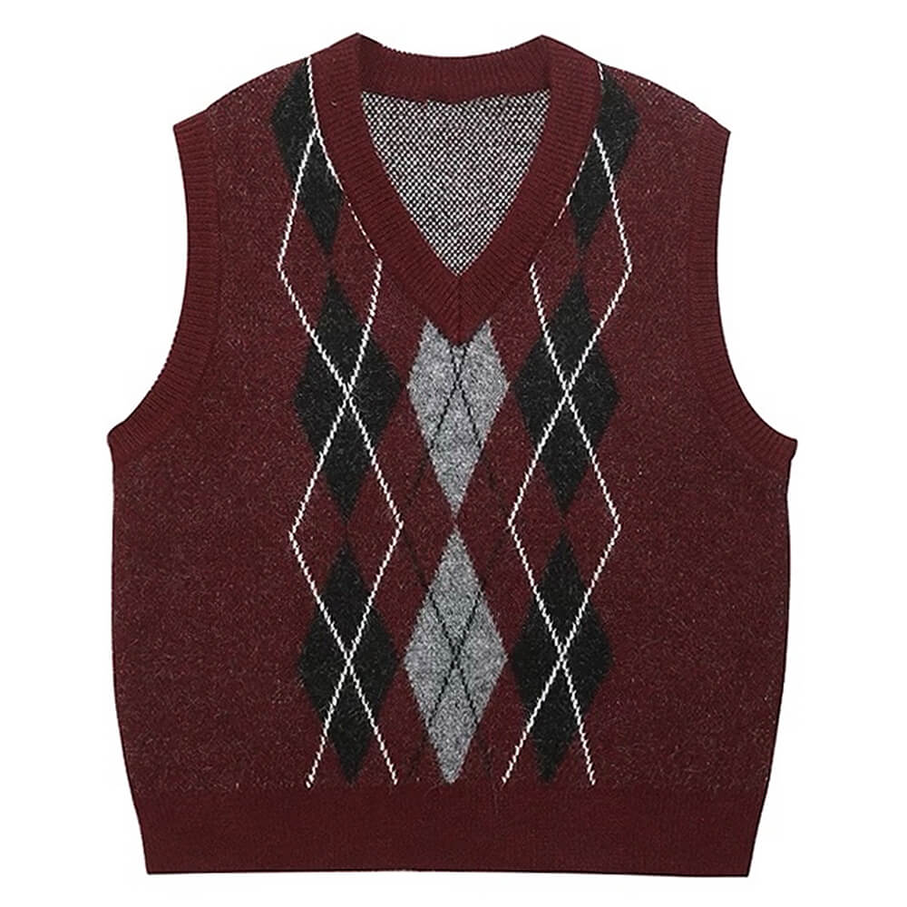 burgundy and gray argyle knit vest boogzel clothing