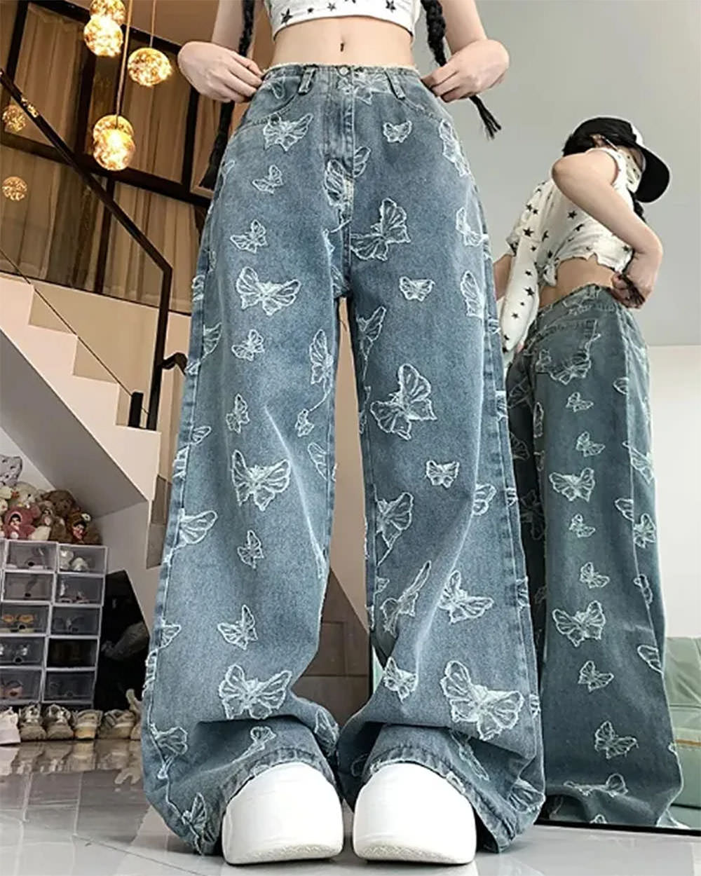 butterfly aesthetic wide leg jeans boogzel clothing