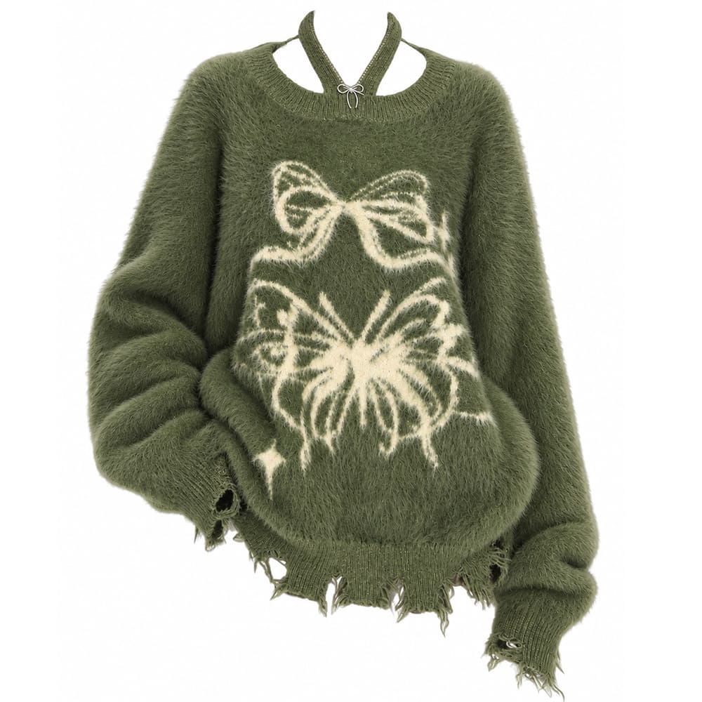 An olive green fuzzy knit sweater with a distressed, frayed hem and cuffs, featuring a cream-colored graphic of a bow and butterfly on the front.