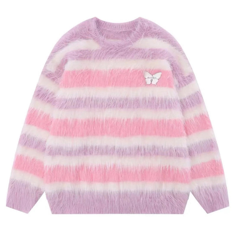 butterfly fuzzy striped sweater boogzel clothing