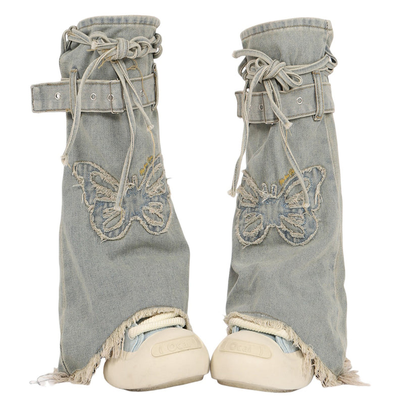 butterfly patch y2k denim leg warmers boogzel clothing