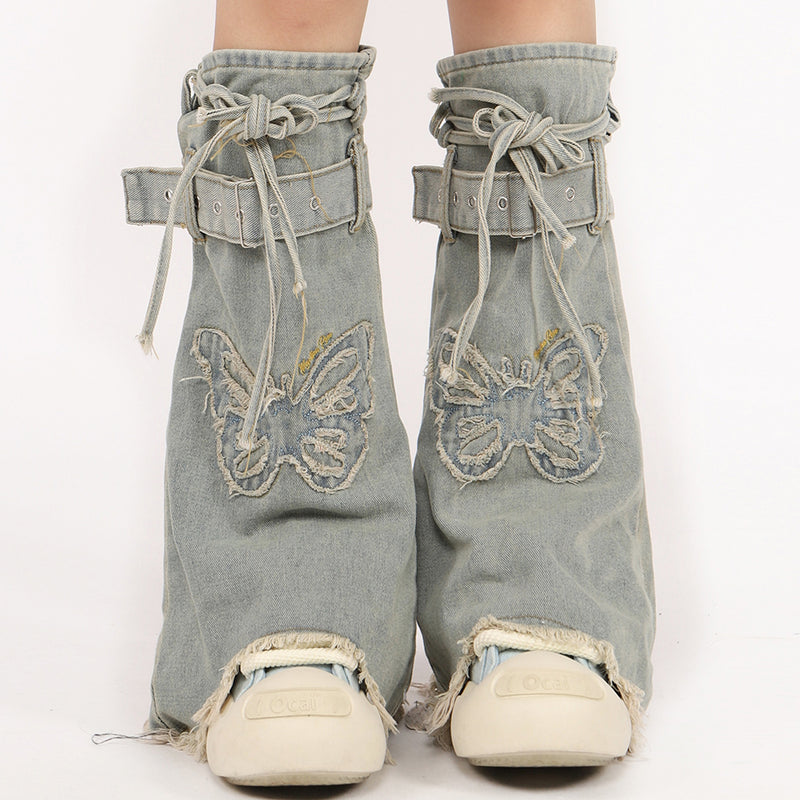 butterfly patch y2k denim leg warmers boogzel clothing